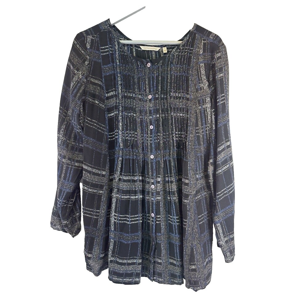 Soft Surroundings Campania Pintuck Blouse Black Beaded Rayon Cottage Women Large